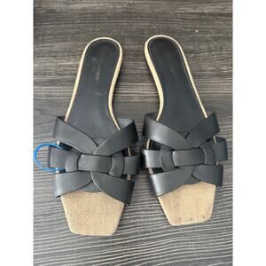 Yves Saint Laurent Beige Jute and Black Tribute Flat Slide Sandals Sz. 10.5